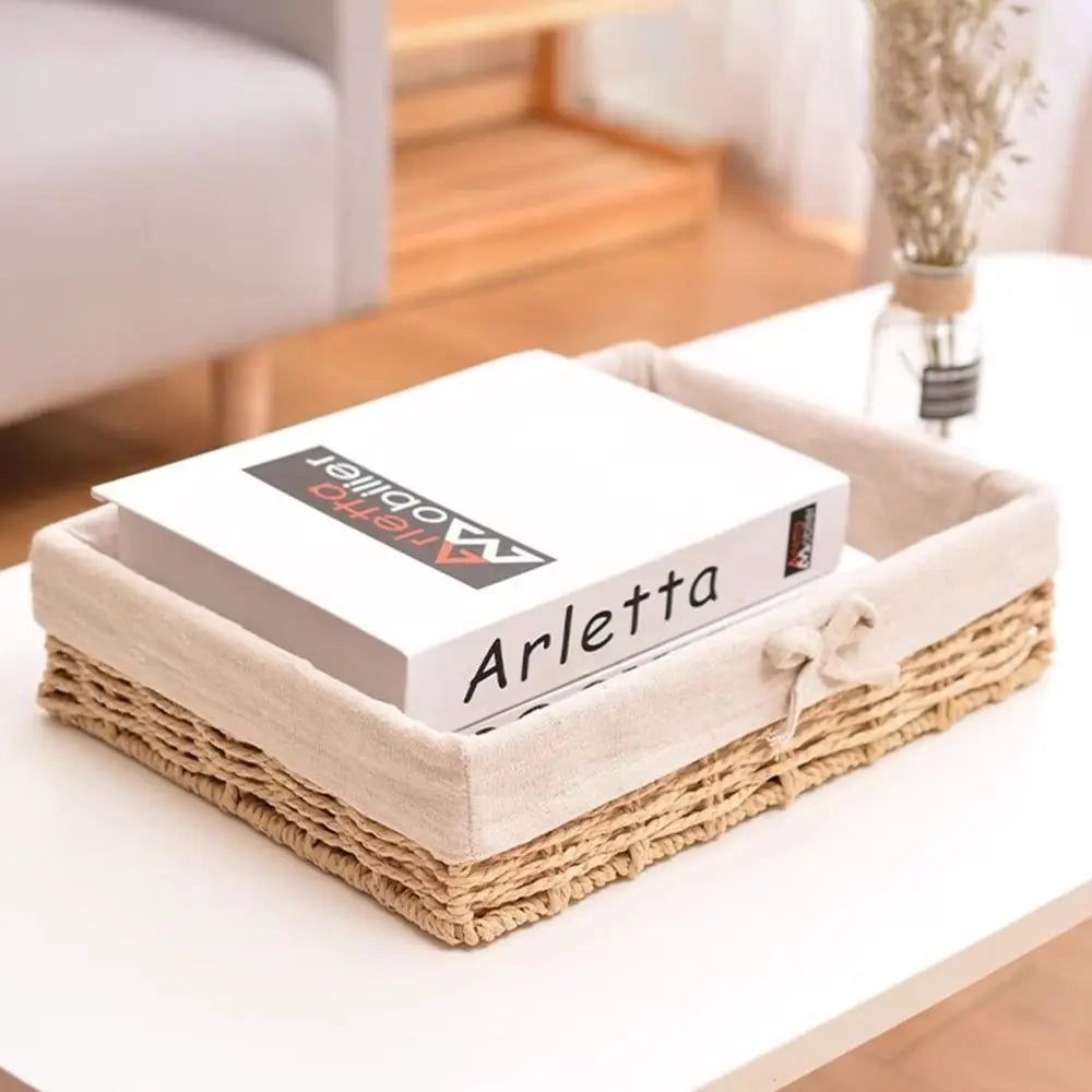 Rectangular Handmade Rattan Storage Baskets French Style Bow Weaving Storage Tray Reusable Bohemian Style Cosmetics Storage Box