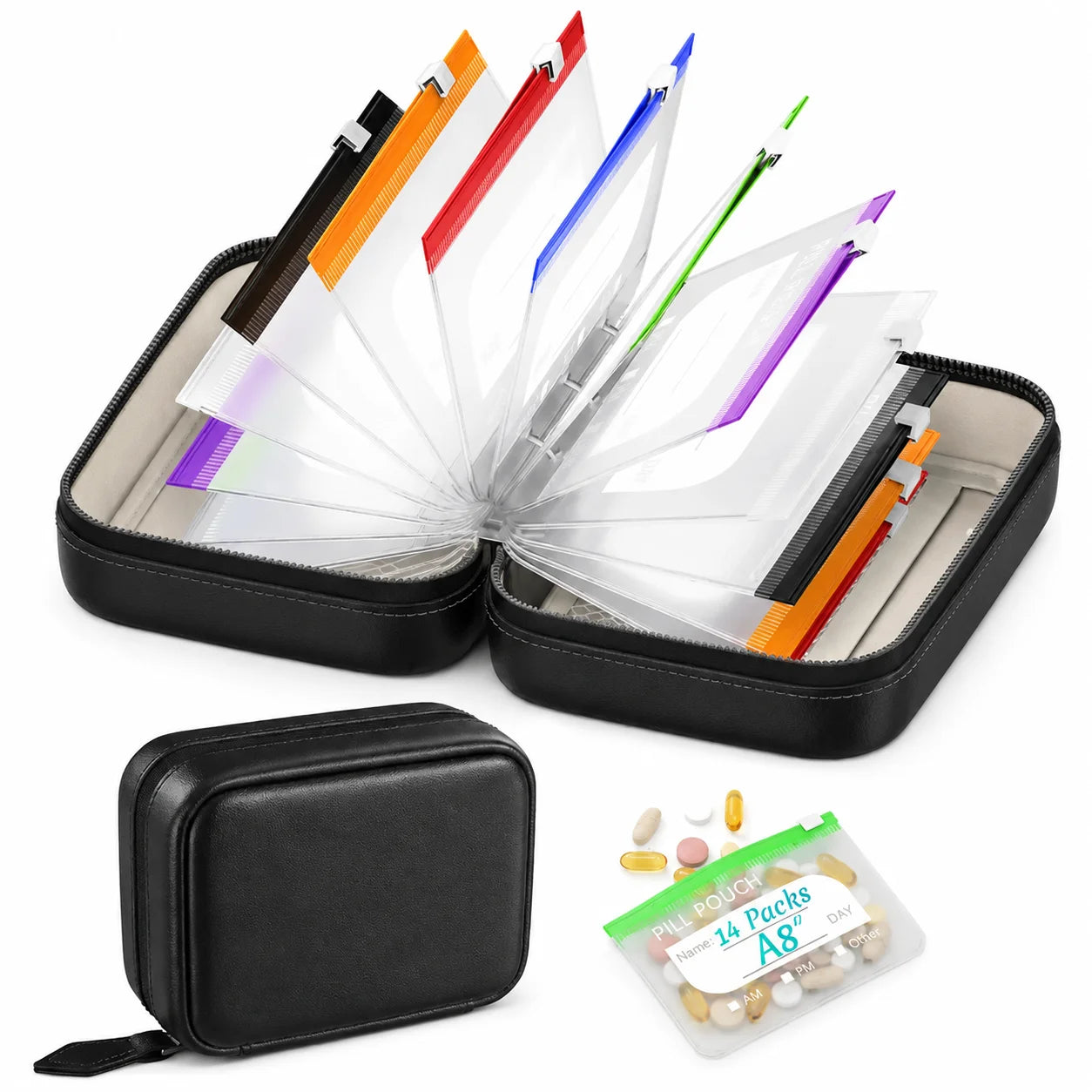 Travel Pill Organizer with 14 Reusable Zipper Pouches, Food Grade Silicone Case for Medicine and Daily Essentials