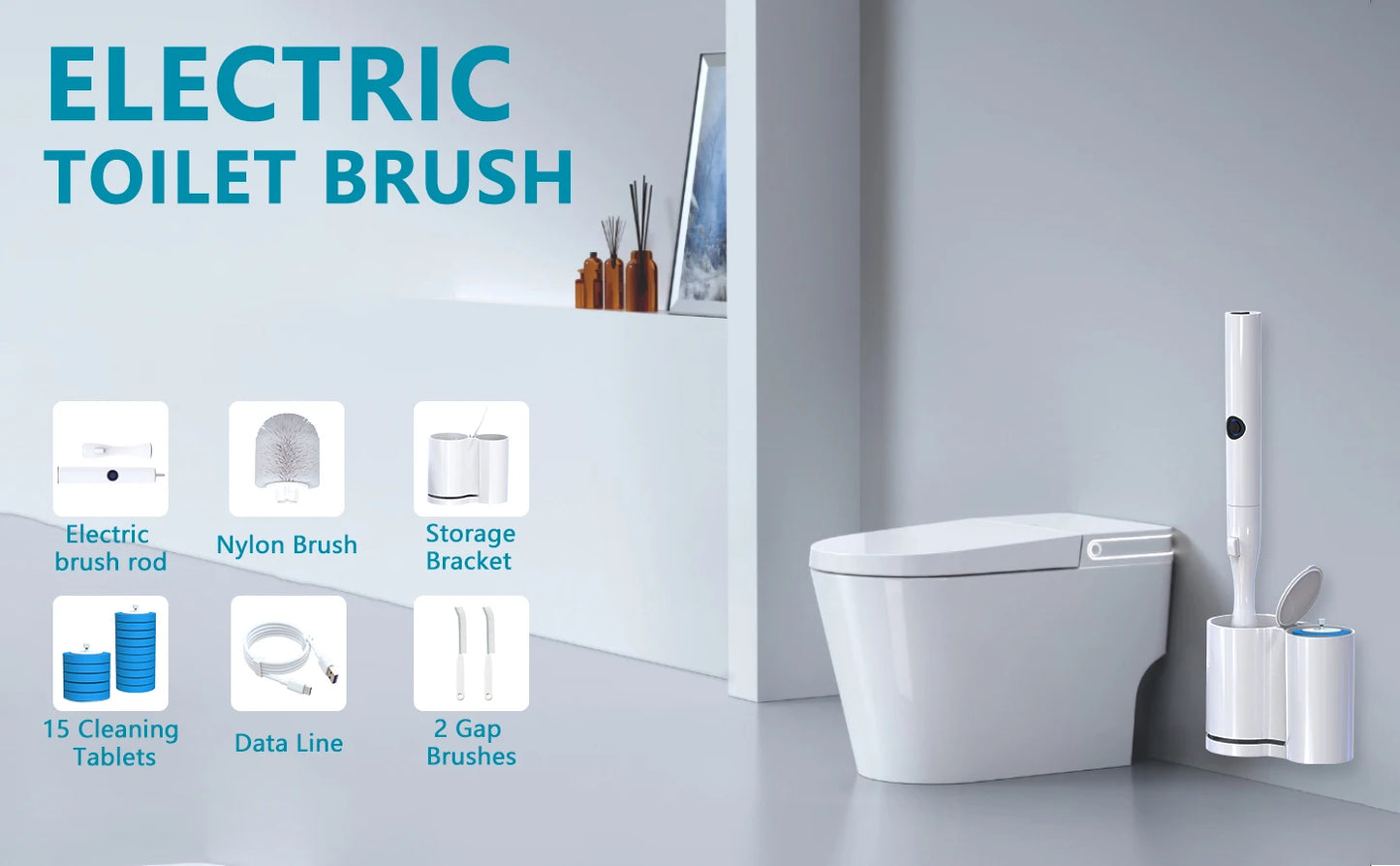Household cleaning electric toilet brush and supporting set, including 5 disposable refill heads, suitable for bathroom use