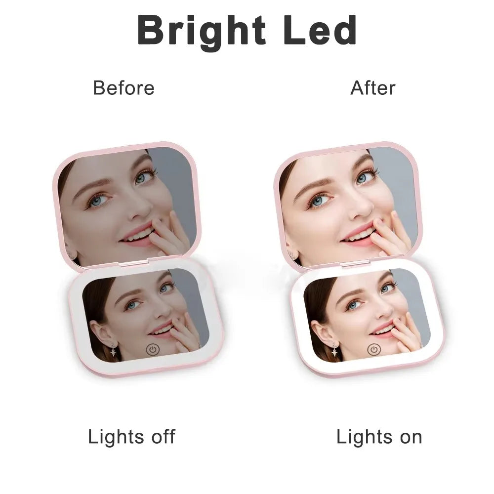 Compact, mini folding cosmetic mirror with lighting, portable, handheld, small pocket travel cosmetic mirror with a magnificatio