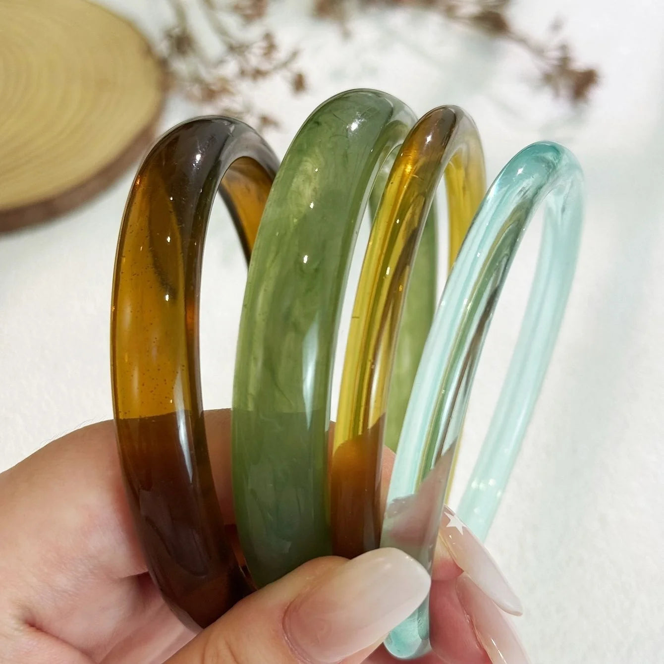 4-Piece-Set Resin Texture Acrylic Bangle Suit for Women Simple Versatile Opening Smudging Bangles Light Luxury Fashion Jewelry