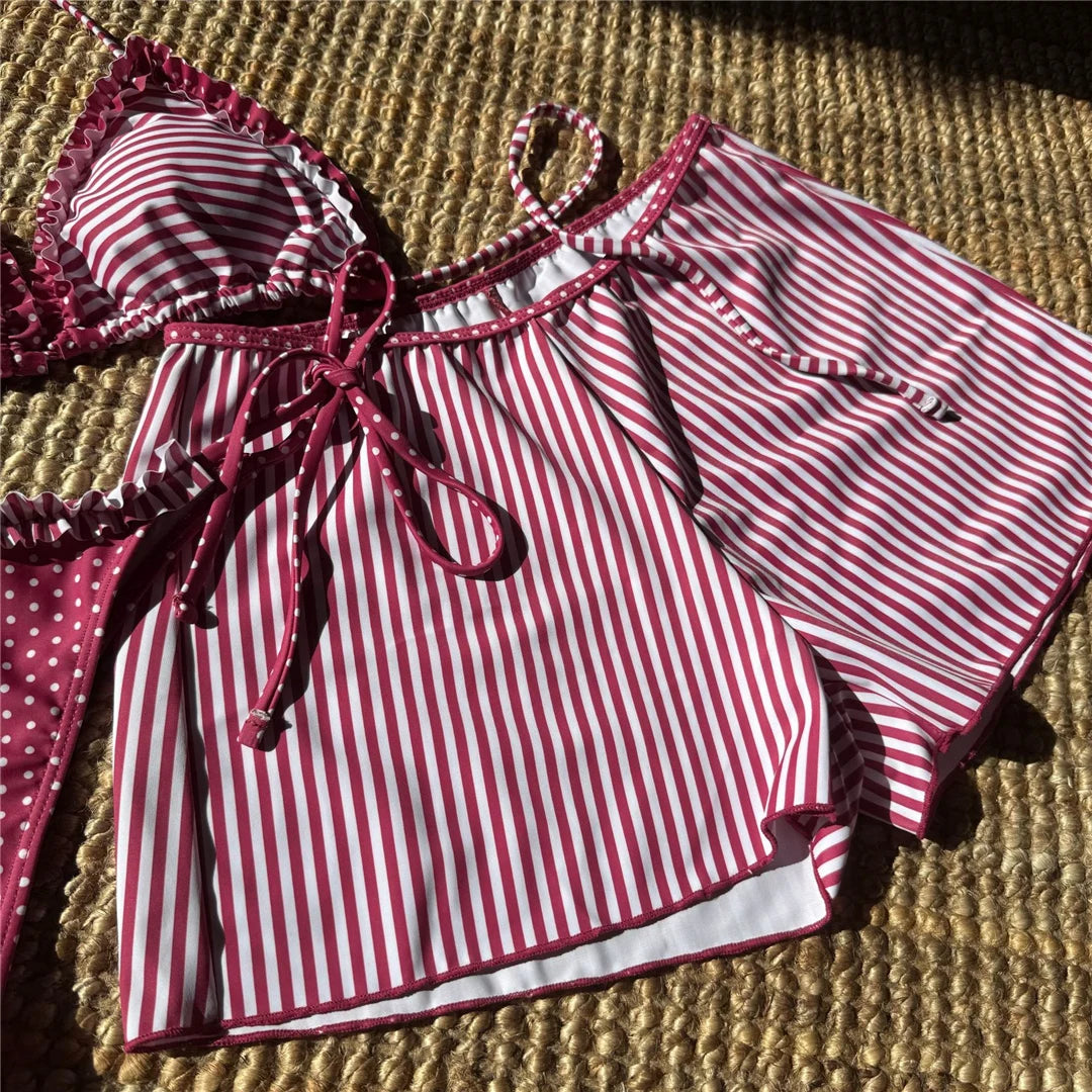 New Striped Polka Dot Halter Shorts Bikini Female Swimsuit Women Swimwear Three-pieces Bikini set Bather Bathing Suit Swim V6384