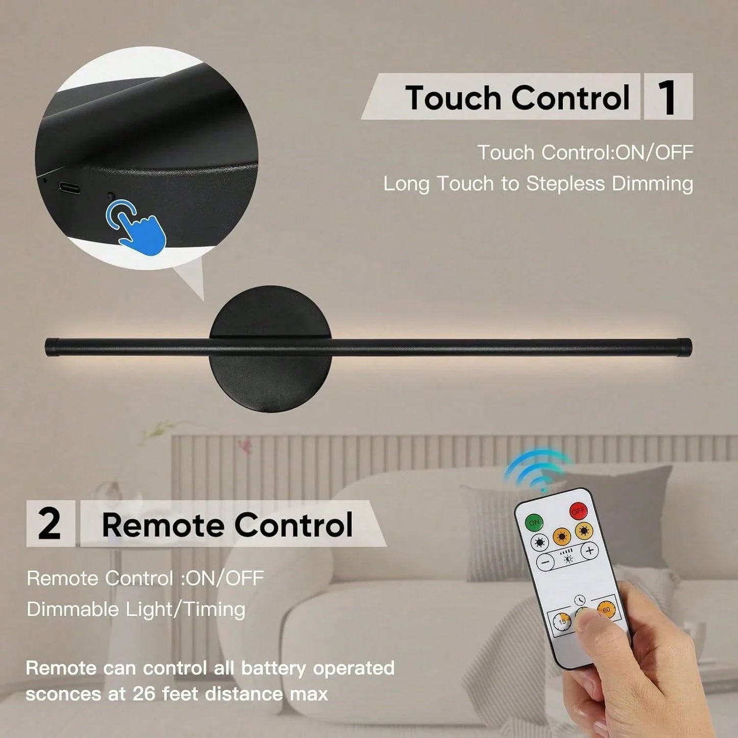 2 Pack Rechargeable Wall Light, Cordless Wall Mounted LED Light with Remote Control, Dimmable Decorative for Living Room
