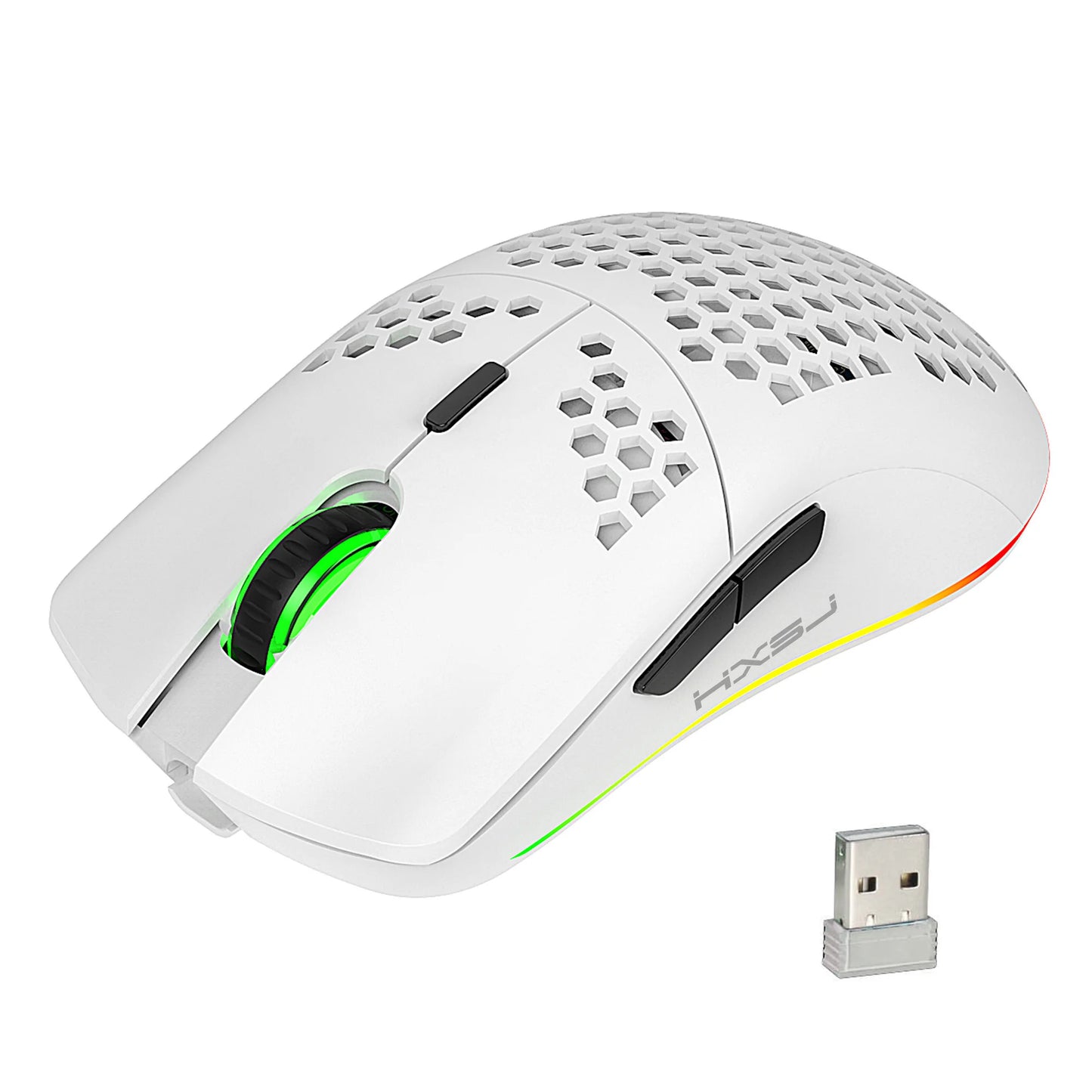 Wireless Mouse 2.4G with Built-in Rechargeable Battery, RGB Lighting, Honeycomb Design, Plug-and-Play USB