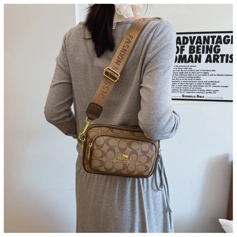 Original Circular-Pattern Logo Crossbody: Retro-luxury, durable fabric, adjustable strap. Ideal for daily/work/social use
