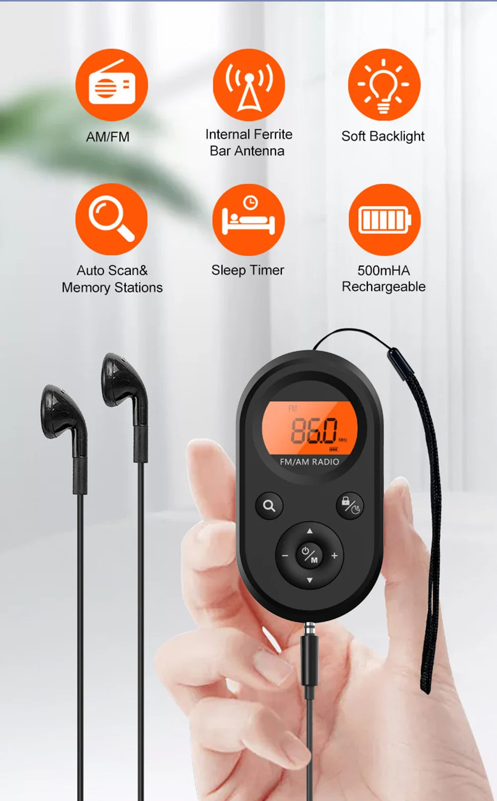 Portable Pocket Radio, Rechargeable AM/FM Radio with Long Battery Life, Stereo Earphone, Sleep Timer, Small Digital Transistor