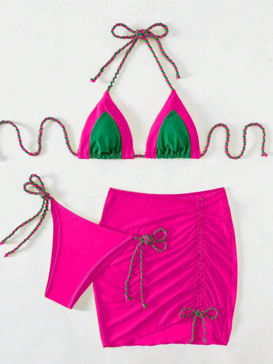 2026 Halter String 3 Piece Bikini Drawstring Skirt Swimsuit Women Swimwear Female Bather Bathing Swimming Swim Suit Beachwear