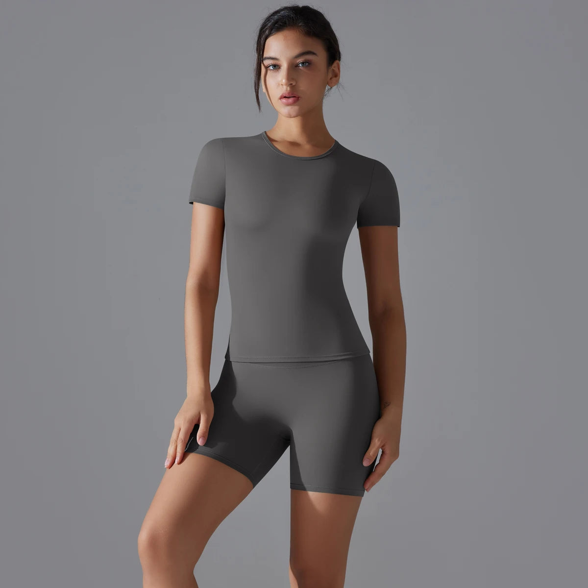 Yoga Set Women Sports Short Sleeve Top With High Waist Leggings