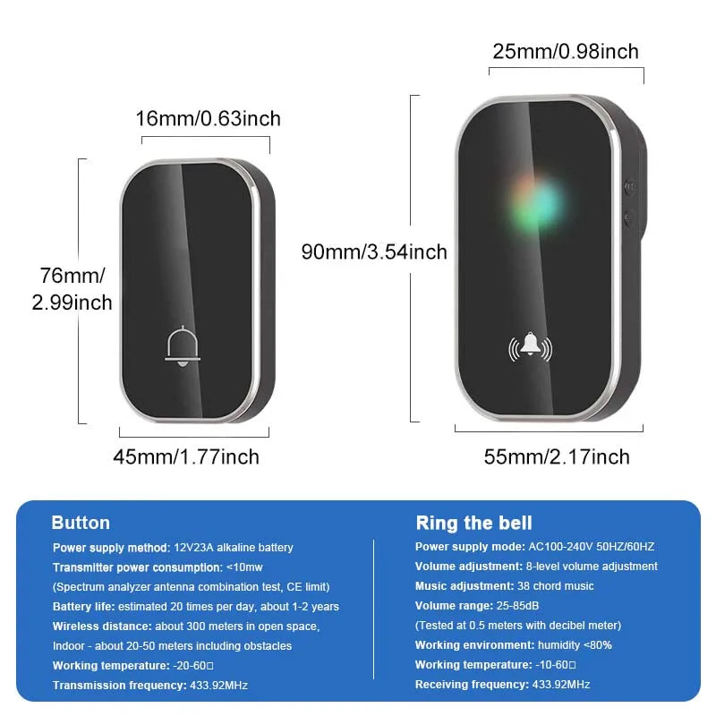 Wireless Doorbell Smart Home Welcome Door Bell 36 Ringtones 300M Long Distance