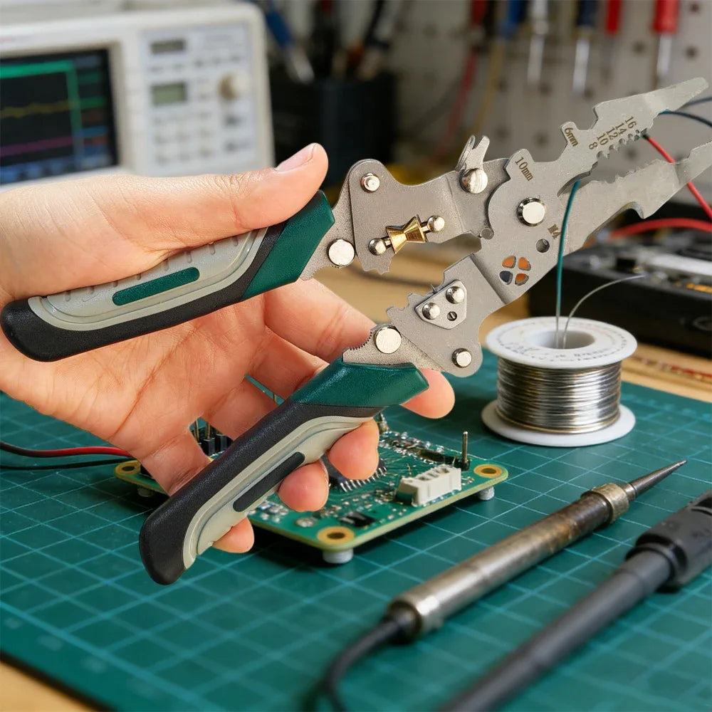 Multi-Function Foldable Electrician Tool with Pulley Design, Combines Wire Stripper, Splitter, Winding & Crimping Pliers