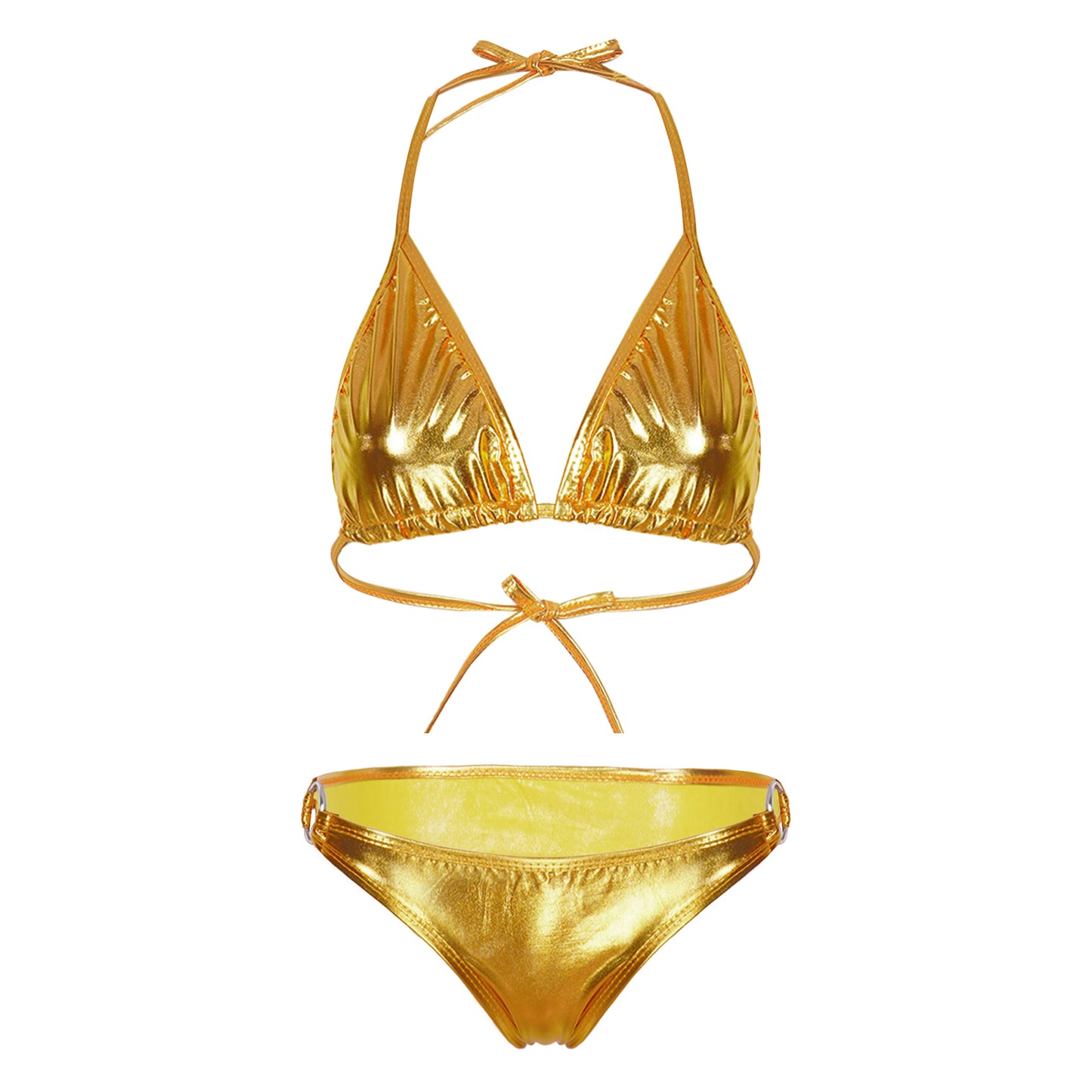 Womens Metallic Shiny Bikini Swimwear Pool Party Swimming Bathing Suit Halter Lace-up Bra with O Ring Briefs Bikini Swimsuit