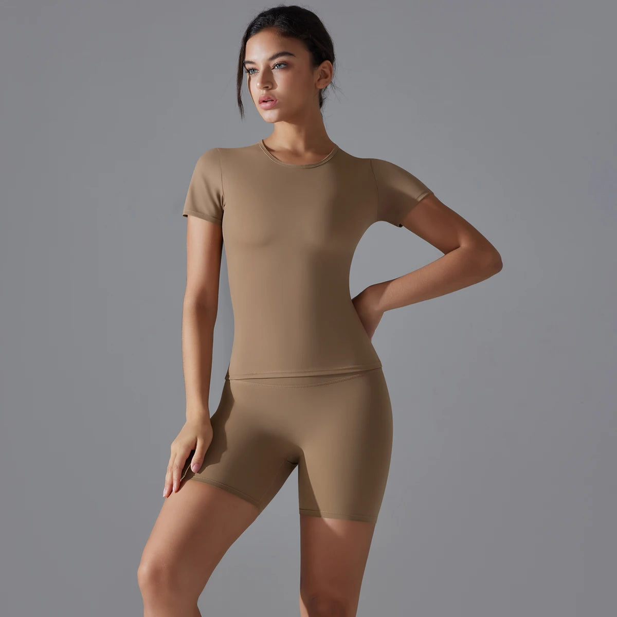 Yoga Set Women Sports Short Sleeve Top With High Waist Leggings
