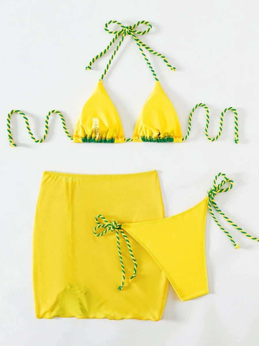 2026 Halter String 3 Piece Bikini Drawstring Skirt Swimsuit Women Swimwear Female Bather Bathing Swimming Swim Suit Beachwear