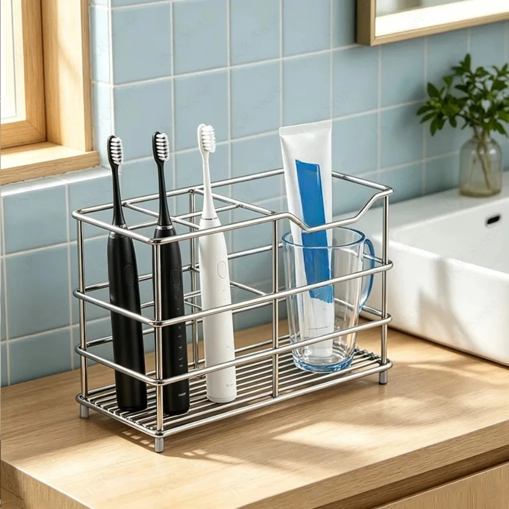 Bathroom Countertop Toothbrush Storage Rack Stainless Steel Organizer for Toothpaste Cups Razors and Daily Essentials