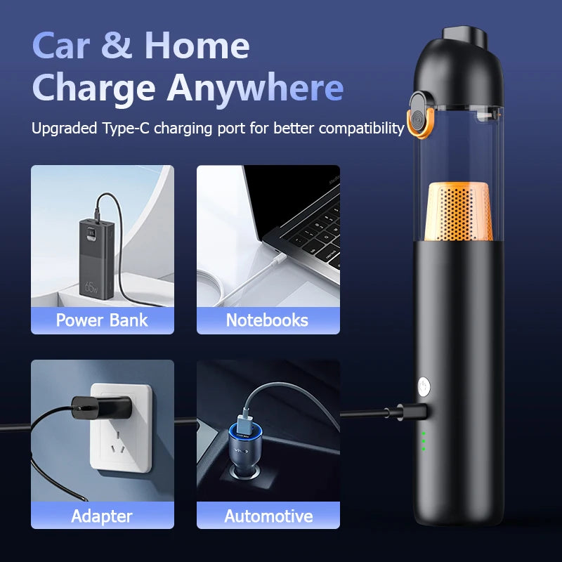 Compact vacuum cleaner is suitable for computer rooms, indoor and outdoor areas, and cars. It has extremely strong suction power