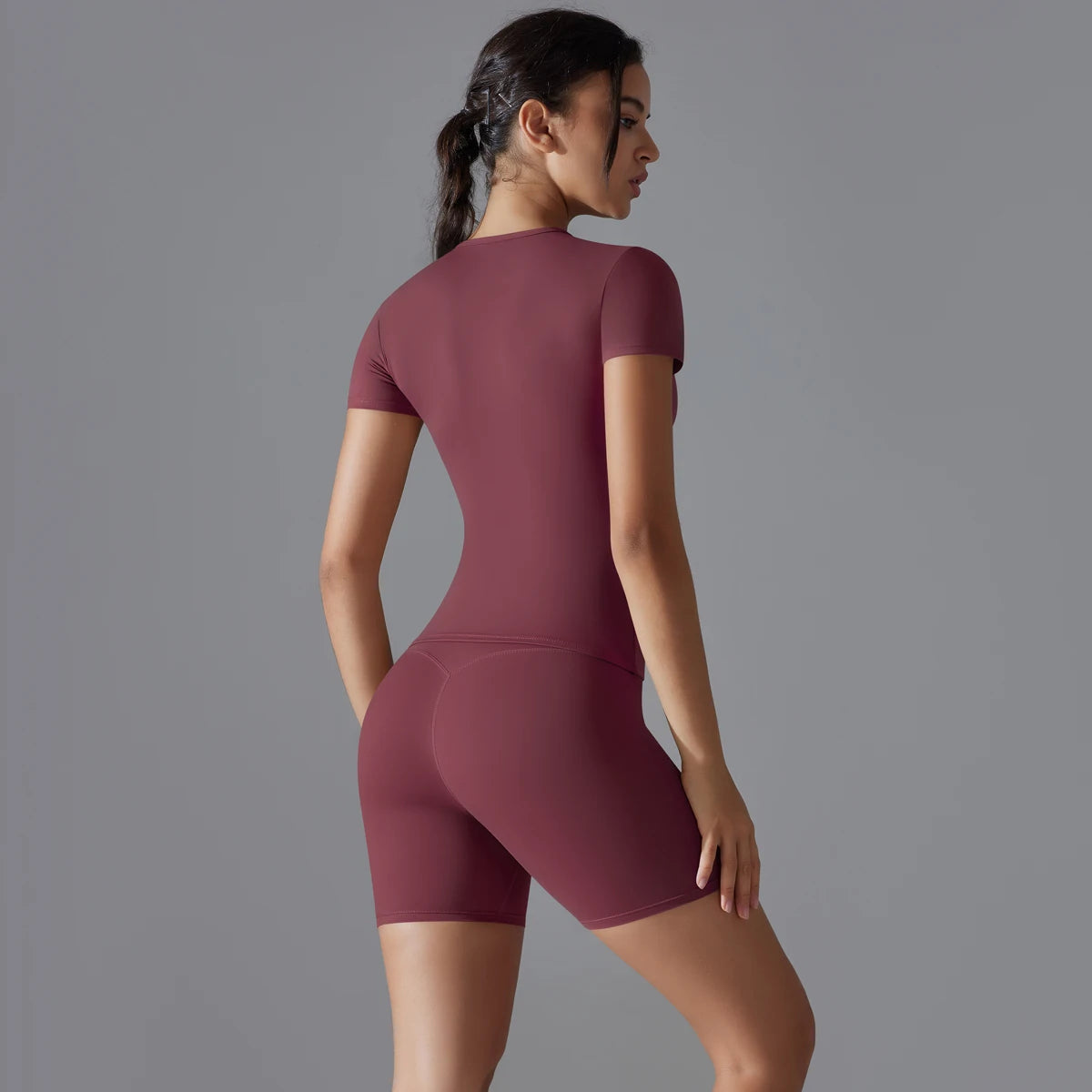 Yoga Set Women Sports Short Sleeve Top With High Waist Leggings