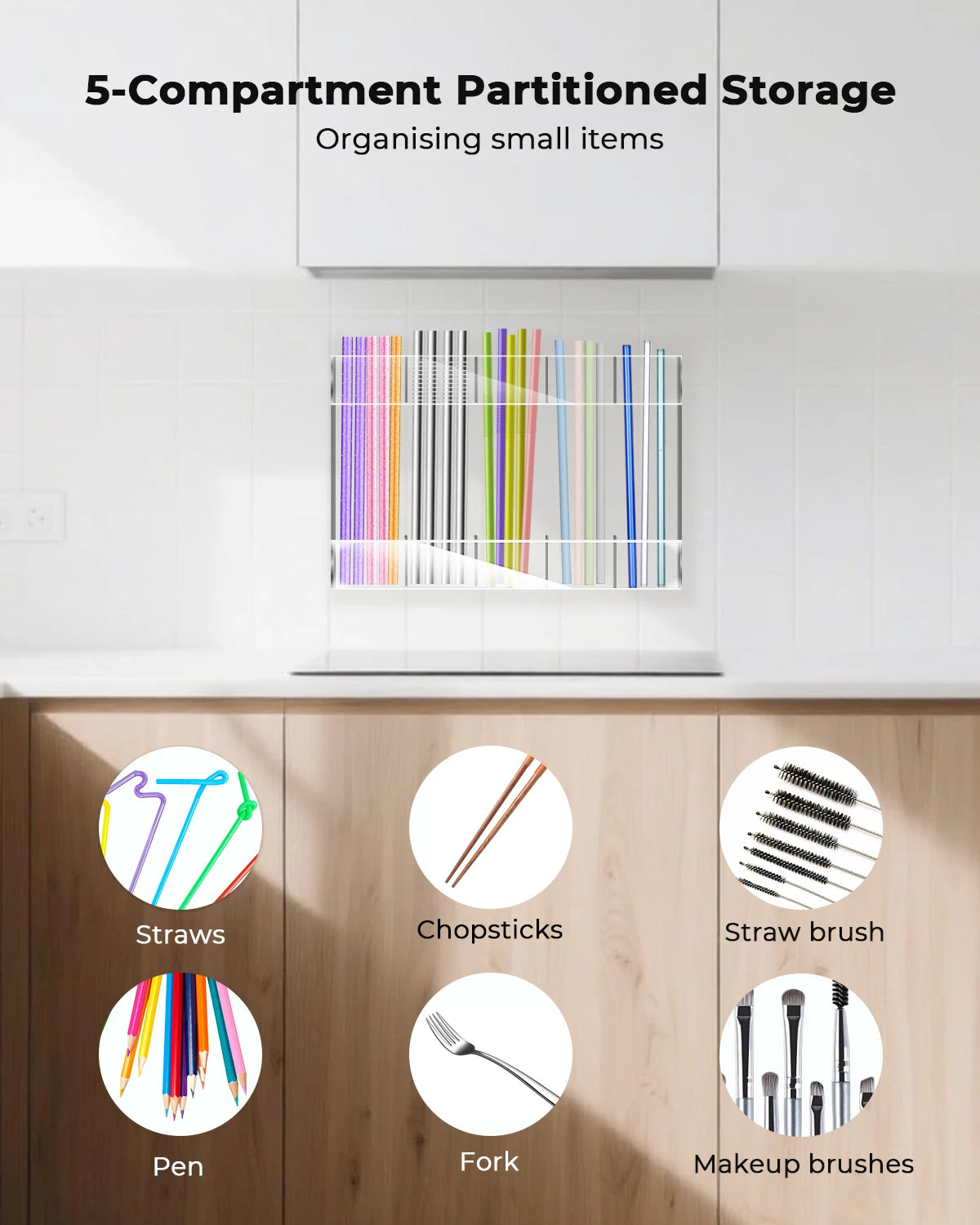 Reusable Straw Holder, Kitchen Countertop Storage Rack with Strong Double-Sided Tape, Suitable for Countertops, Cabinets (Clear)