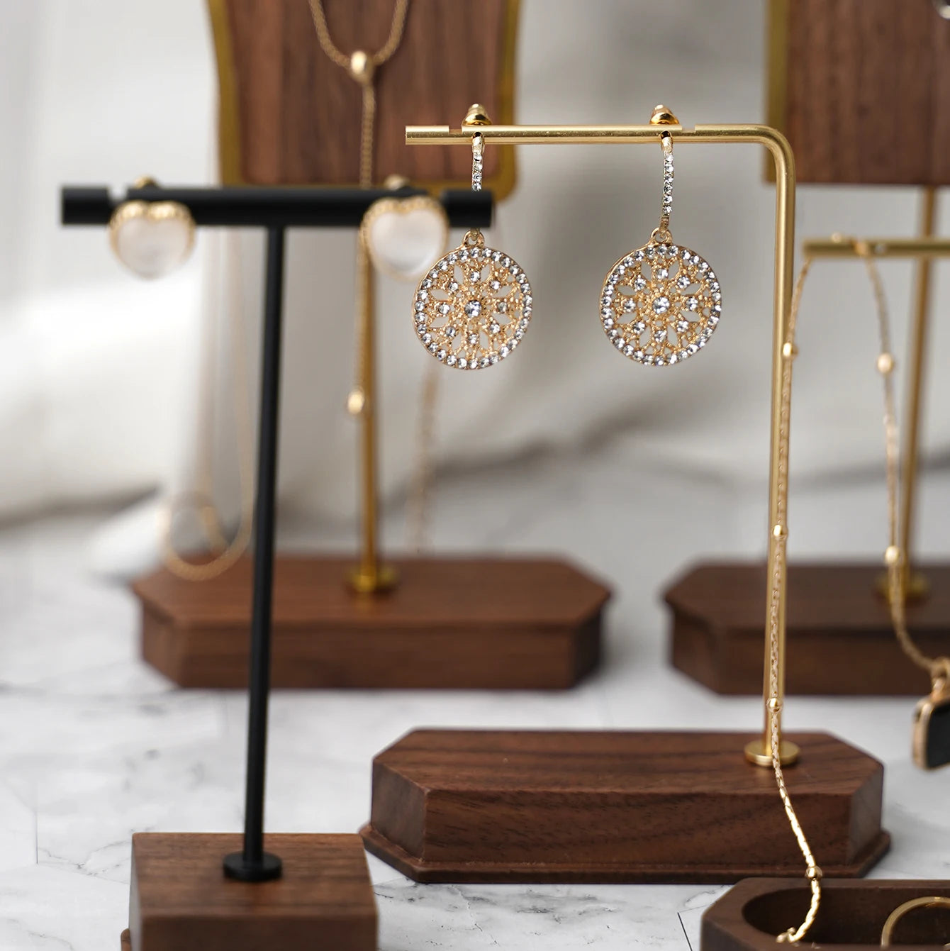 Multi - Use Jewelry Display Rack, Walnut Base Gold/Black Metal Top Rated Holder for Earrings/Necklaces, Loved by Boutique Owners