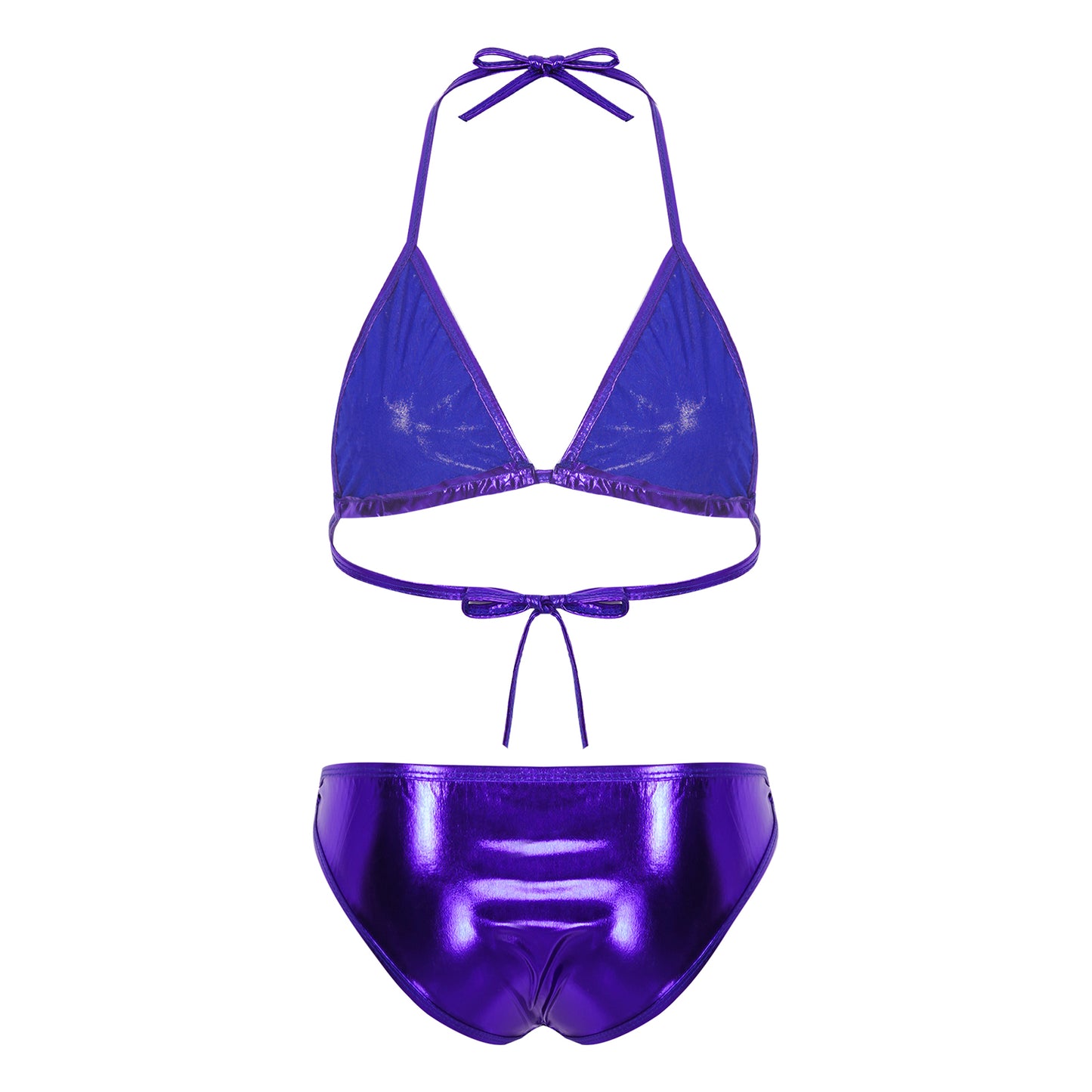 Womens Metallic Shiny Bikini Swimwear Pool Party Swimming Bathing Suit Halter Lace-up Bra with O Ring Briefs Bikini Swimsuit