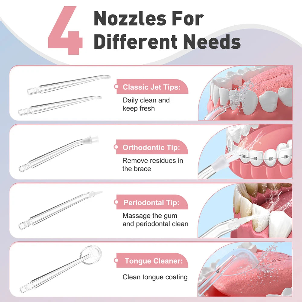 Cordless Oral Irrigator Portable 3 Cleaning Modes Waterproof  Dental Cleaner with 4 Nozzles for Gum Cleaning Dental Floss Device