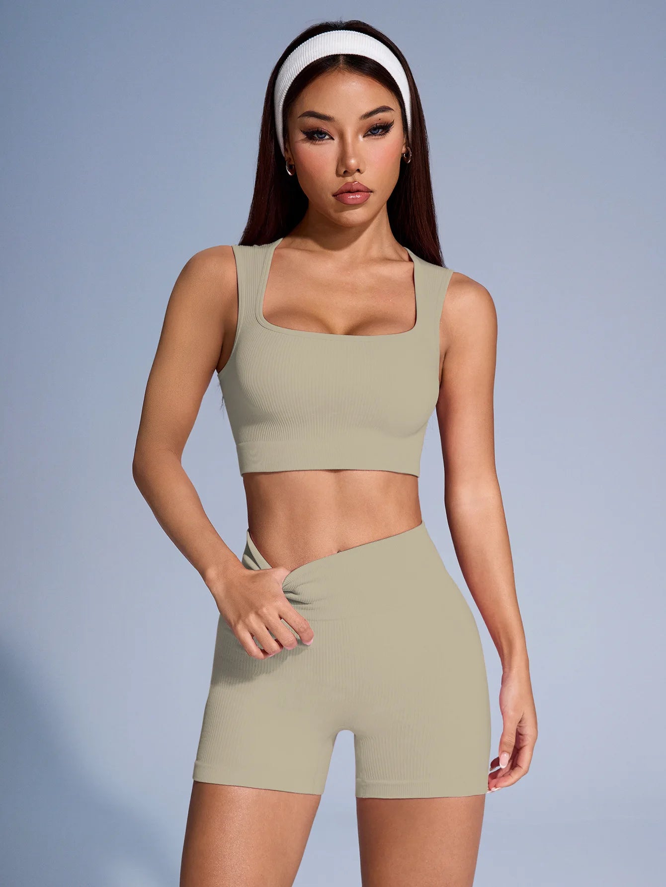 Seamless Ribbed Yoga Sets Workout Sets for Women 2 Pieces Gym Suits Ribbed Crop Tank High Waist Shorts Outfits Fitness