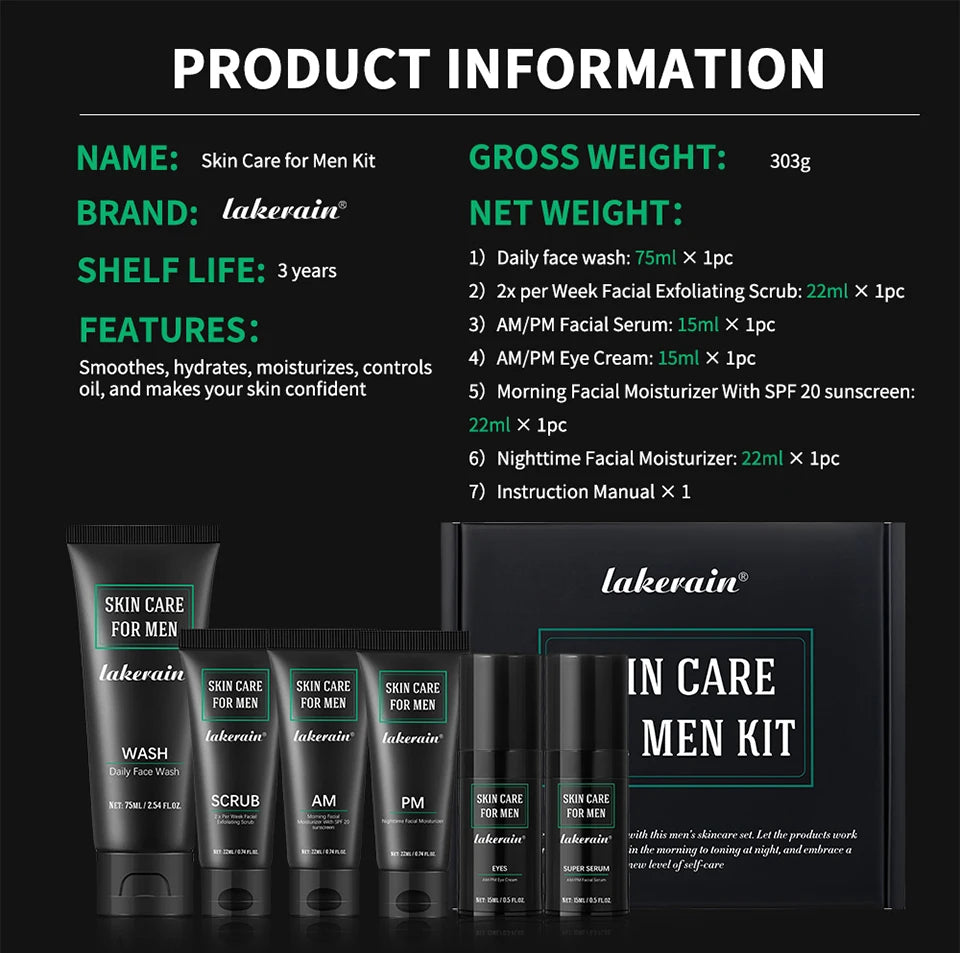 Skin Care Set for Men Essential Routine Daily Face Wash Facial Scrub Moisturizer SPF Night Cream Hydrated Skin Gifts For Men Ski