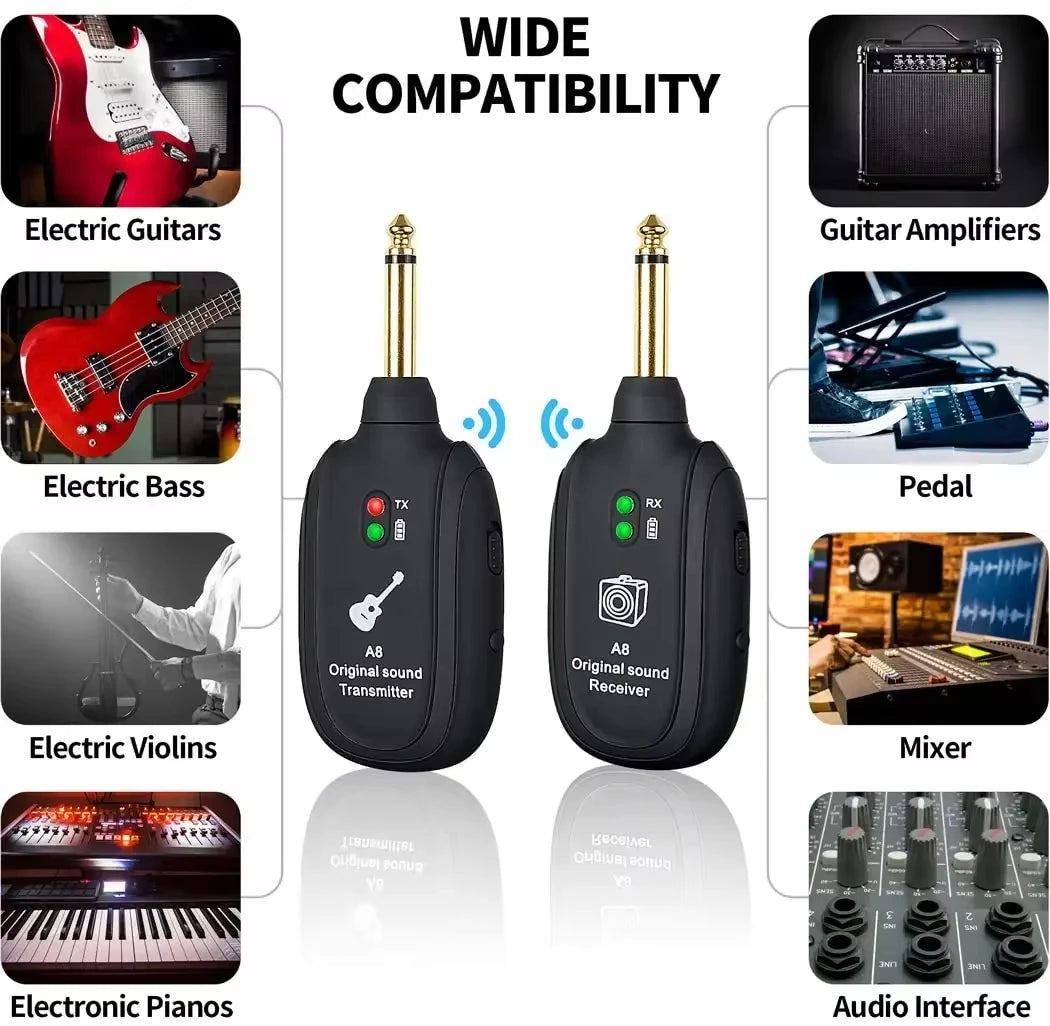 Miwayer A8 Guitar Wireless System - Built-in Rechargeable Transmitter & Receiver for Electric Guitar/Bass