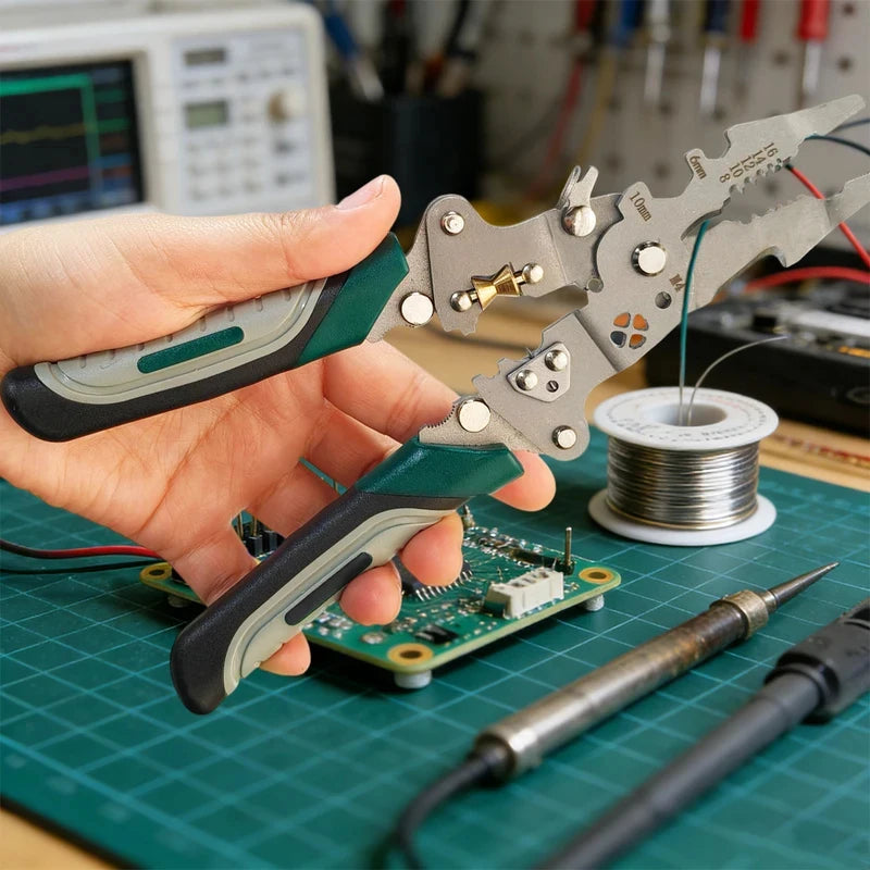 Multi-Function Foldable Electrician Tool with Pulley Design, Combines Wire Stripper, Splitter, Winding & Crimping Pliers