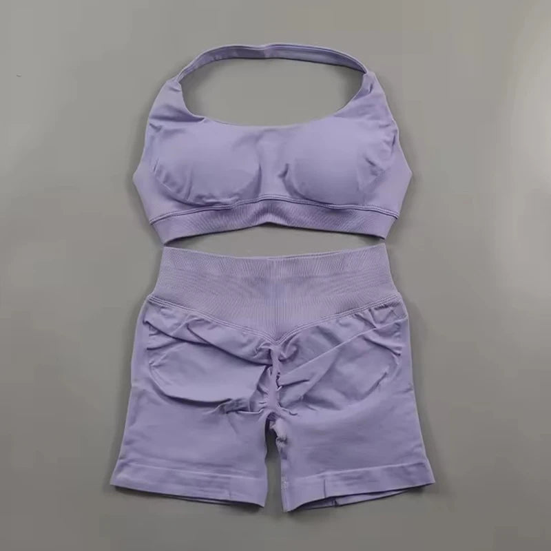 Sports Shorts Set 2 Pieces Seamless Yoga Set Workout Tracksuit Halter Yoga Top And Sports Short Suit